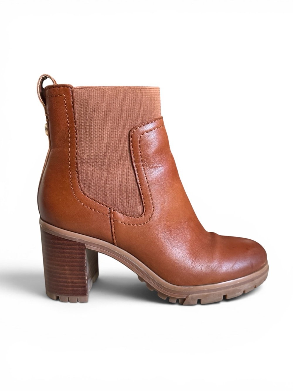 Vince Camuto Leather Chelsea Lug Heel Ankle Boots Cognac Brown Women’s 7.5